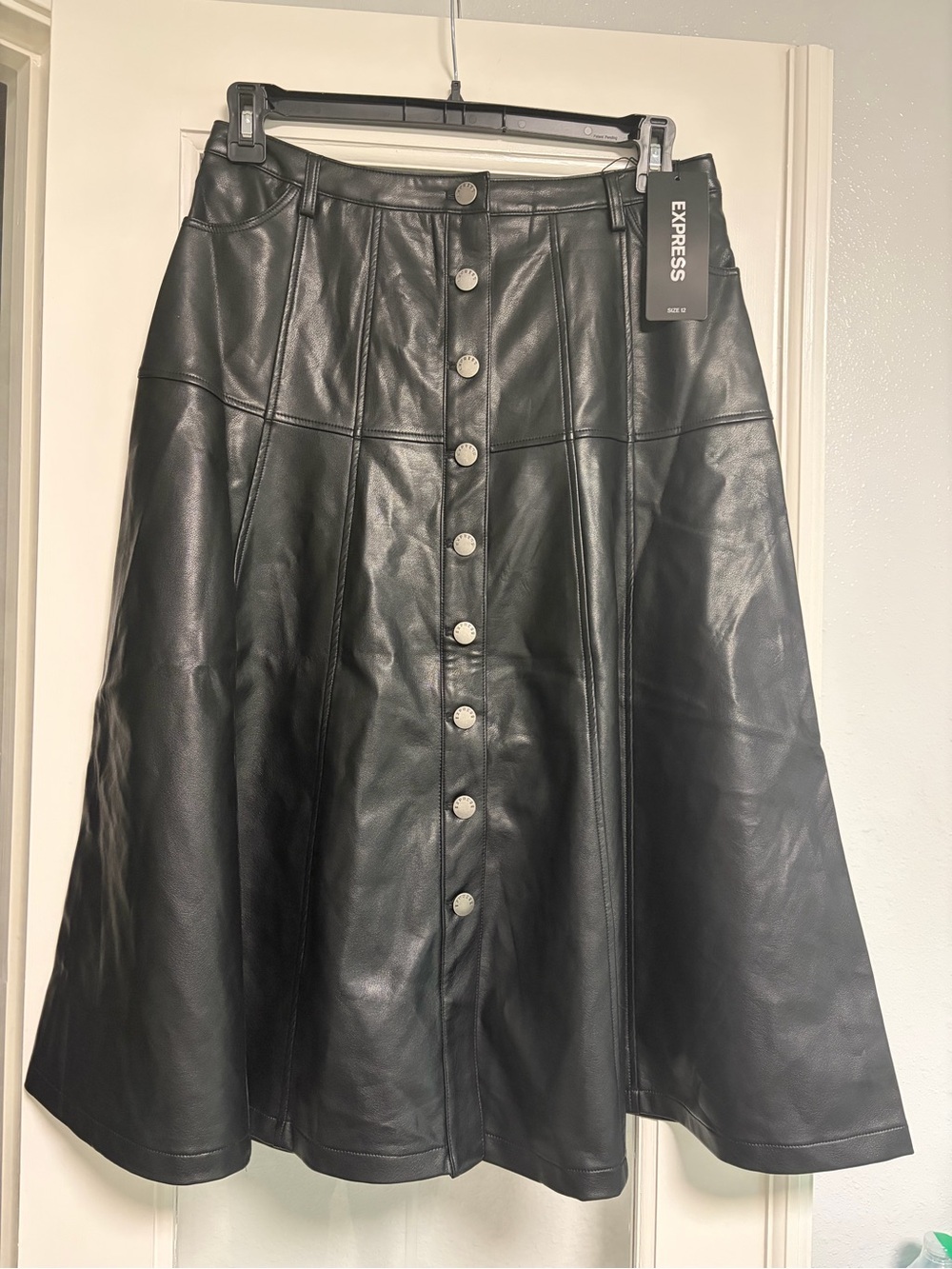 Express Black Faux Leather Button-Front A-Line Midi Skirt